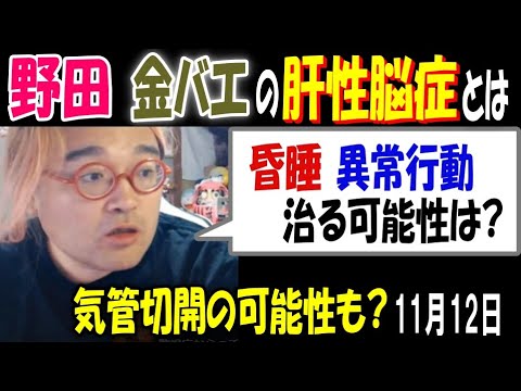 【野田】【金バエ】の肝性脳症とは「昏睡、異常行動、治る可能性は?」気管切開の可能性も? 11月12日